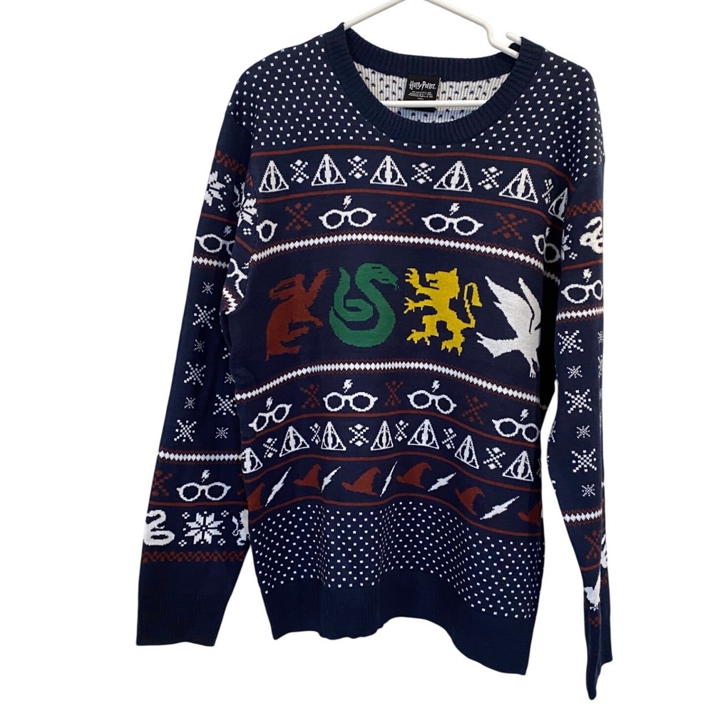 Harry Potter Ugly Christmas Sweater Gryffindor Slytherin Hogwarts House Crests L